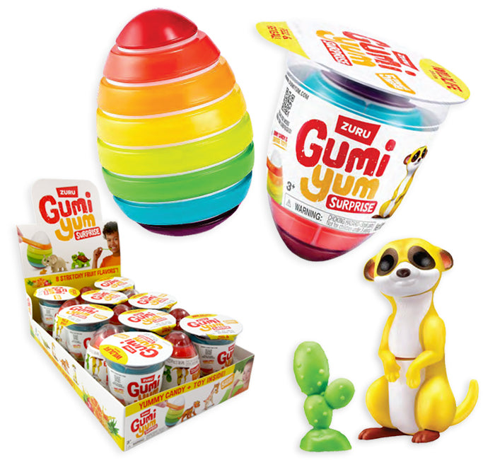 Gumi Yum Surprise toy packaging with a colorful egg-shaped toy and meerkat figure on a white background.