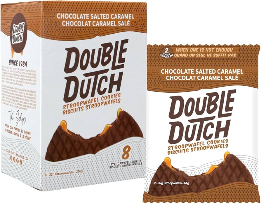 Double Dutch chocolate salted caramel stroopwafel cookies packaging on a white background