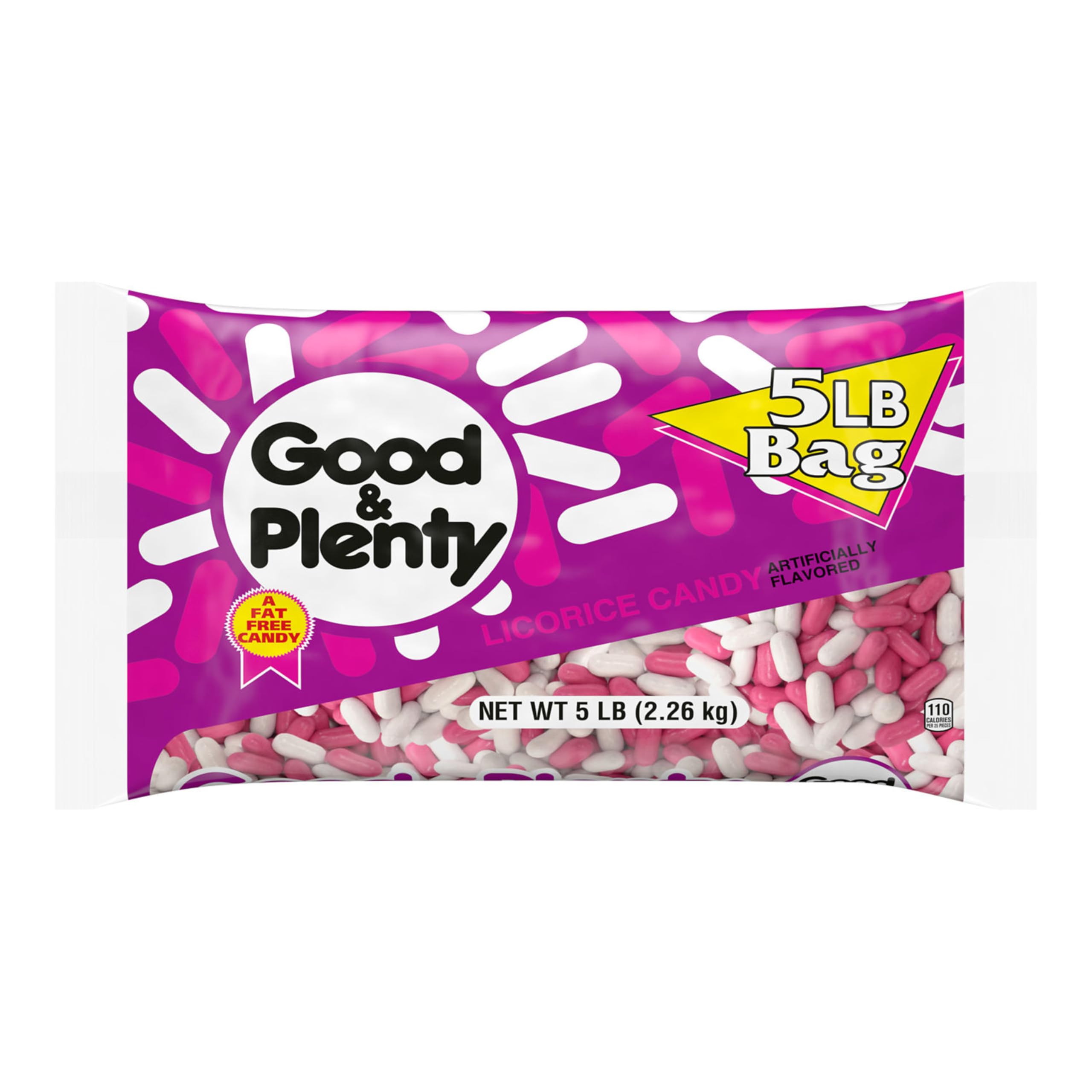 Good & Plenty 5LB candy bag with pink and white design on a white background