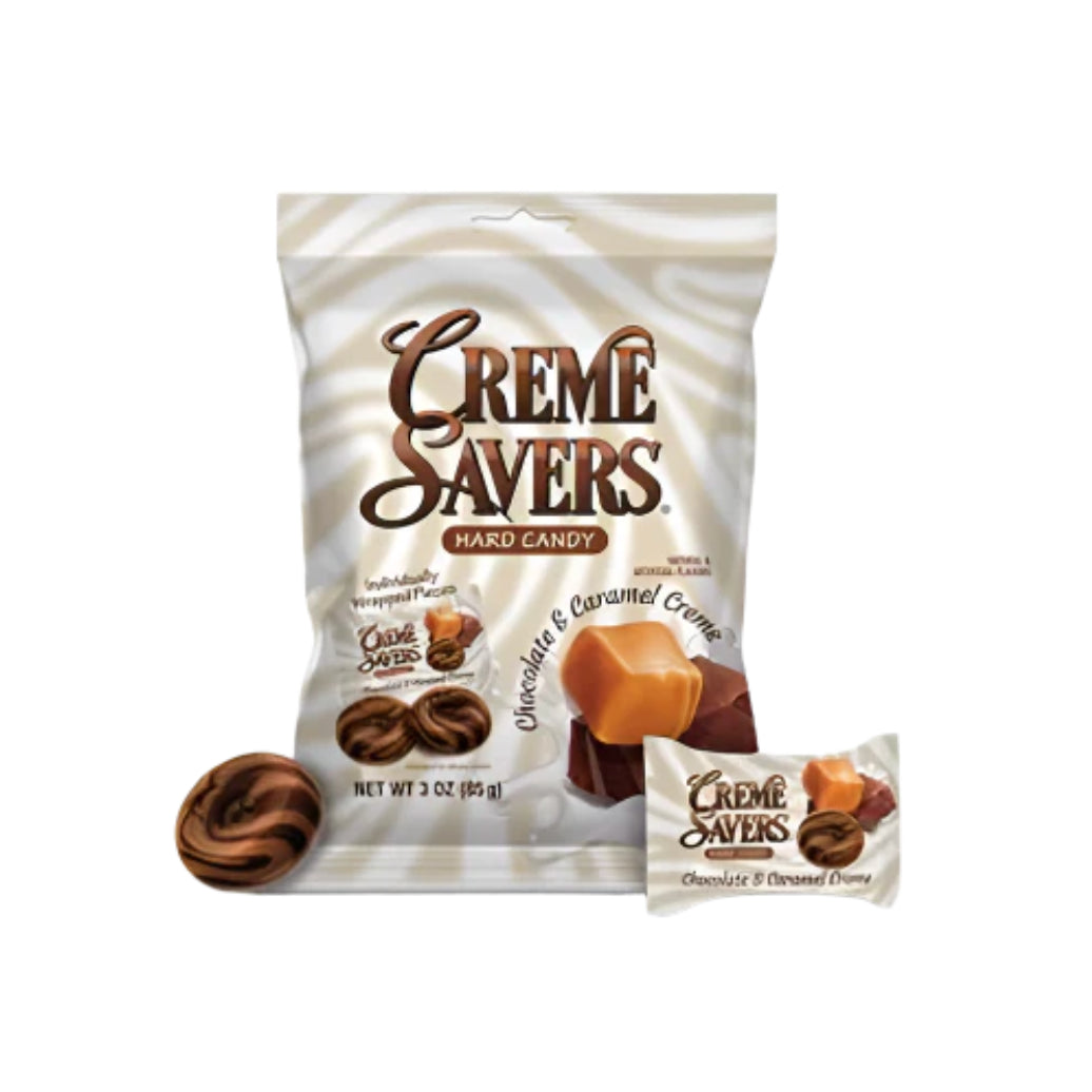 Packaging of Creme Savers hard candy with one of the individually wrapped candies in front of the package.