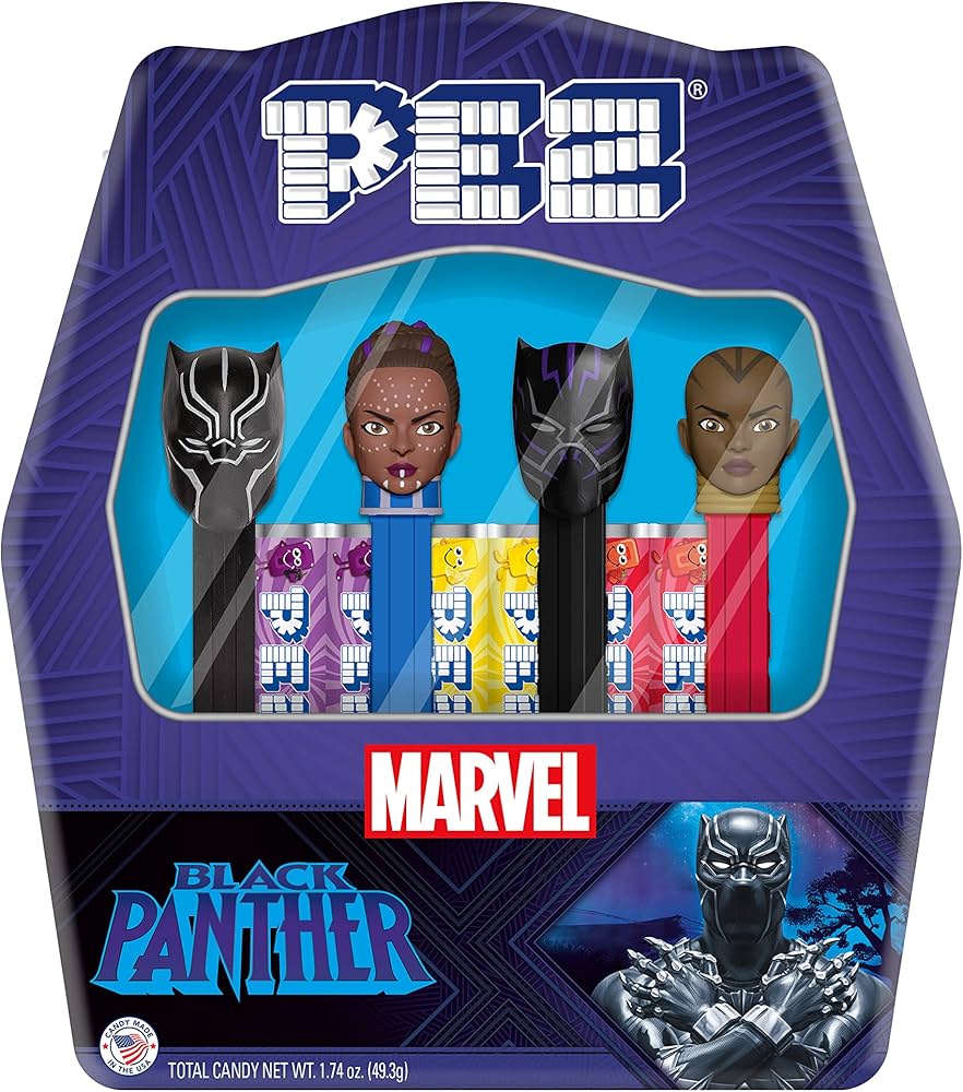Marvel Black Panther candy set packaging with characters and PEZ branding.