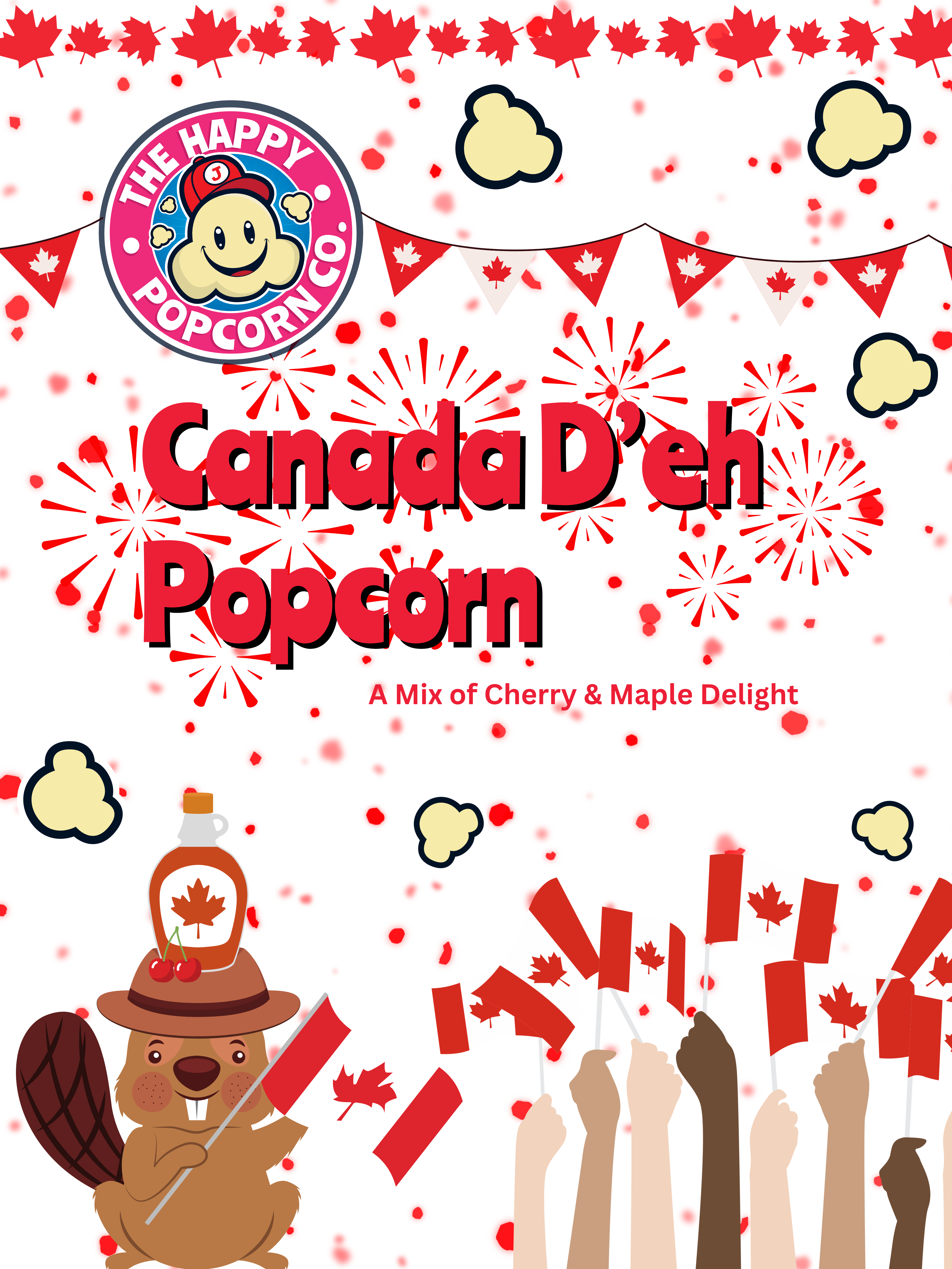 Canada-themed popcorn packaging with cartoon beaver, flags, and 'Happy Popcorn' logo.