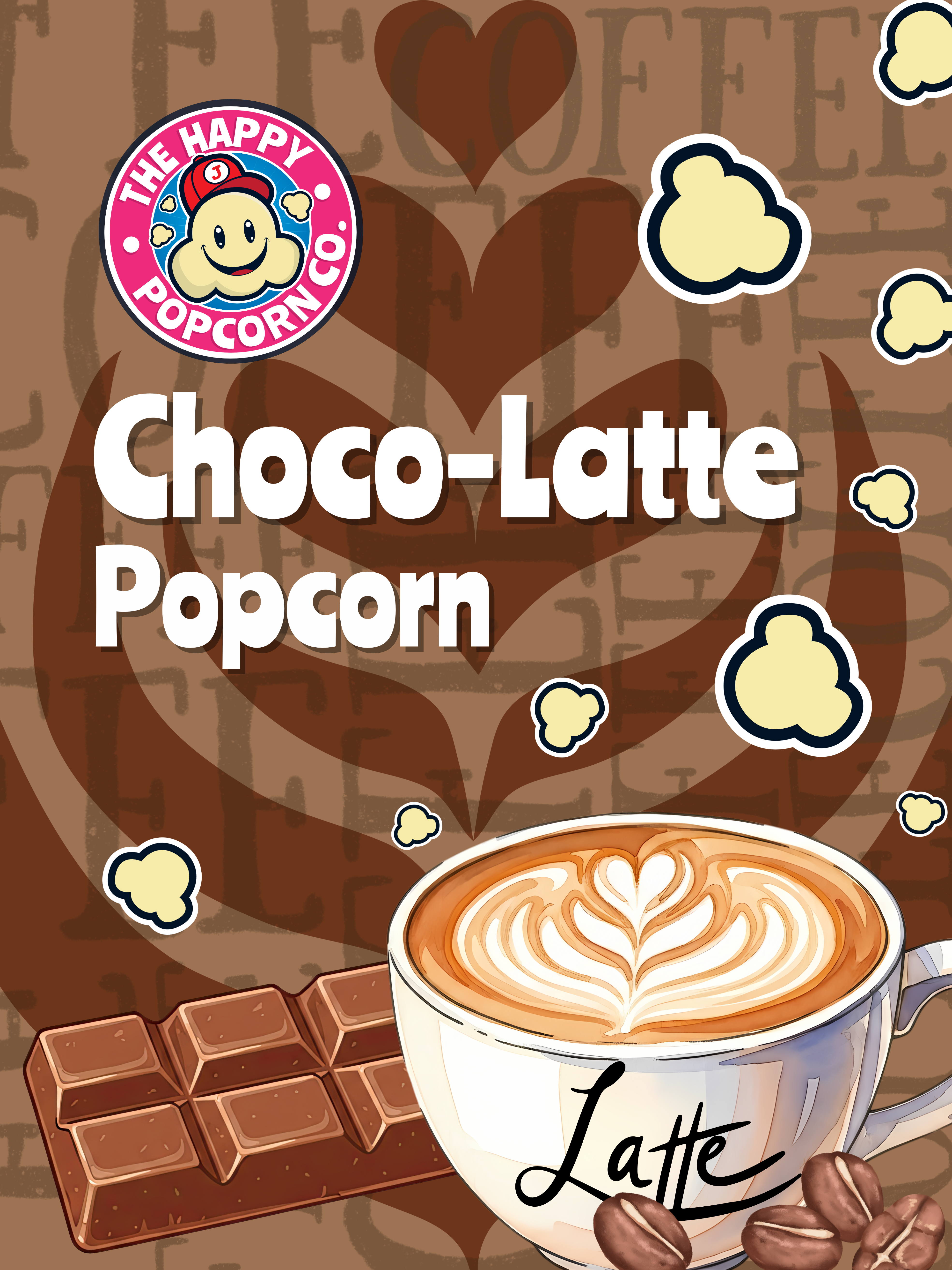 Choco-Latte Popcorn packaging with a cup of latte, chocolate bars, and popcorn on a brown background.