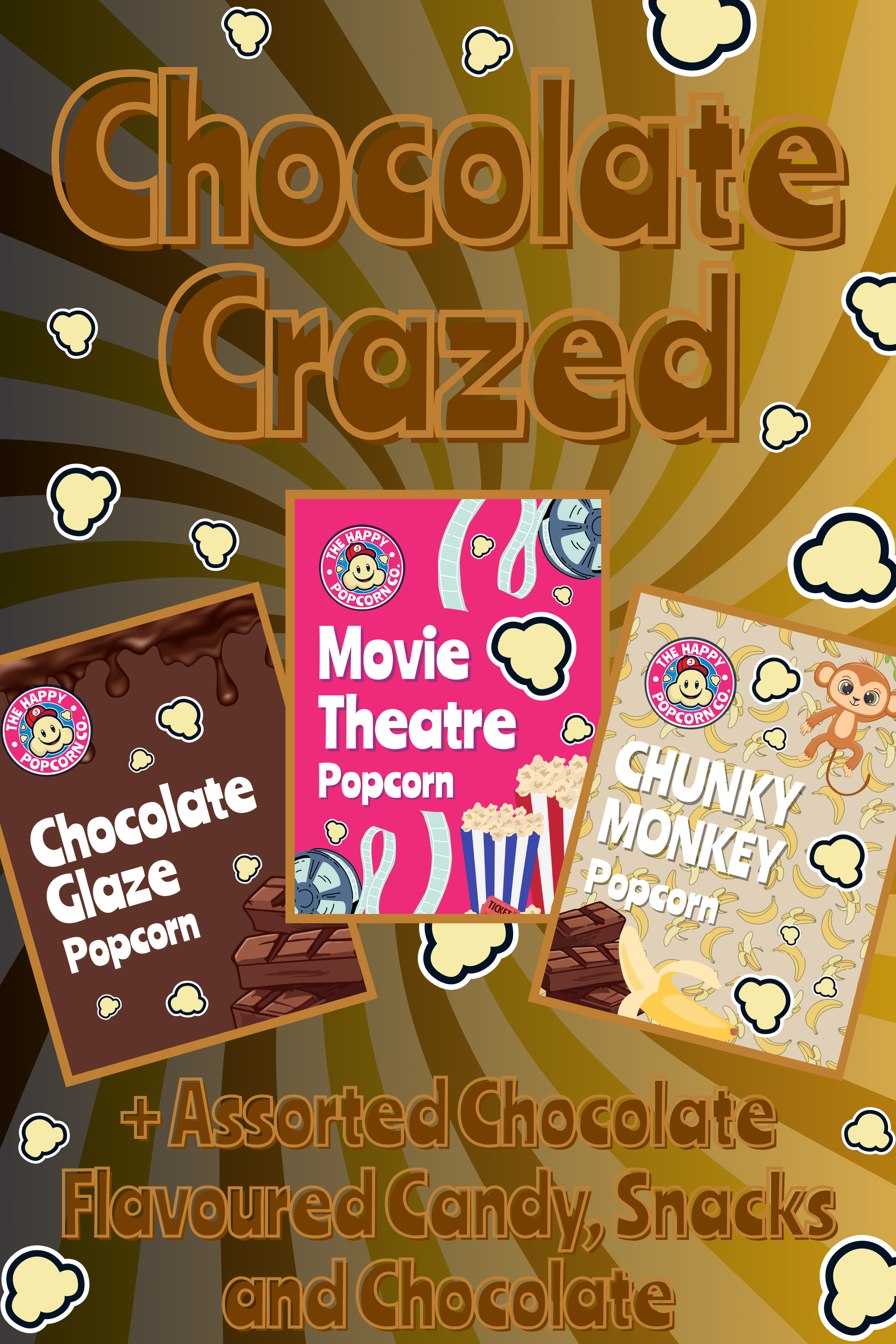 Promotional image for 'Chocolate Crazed' themed mystery box with popcorn and candy on a brown background.