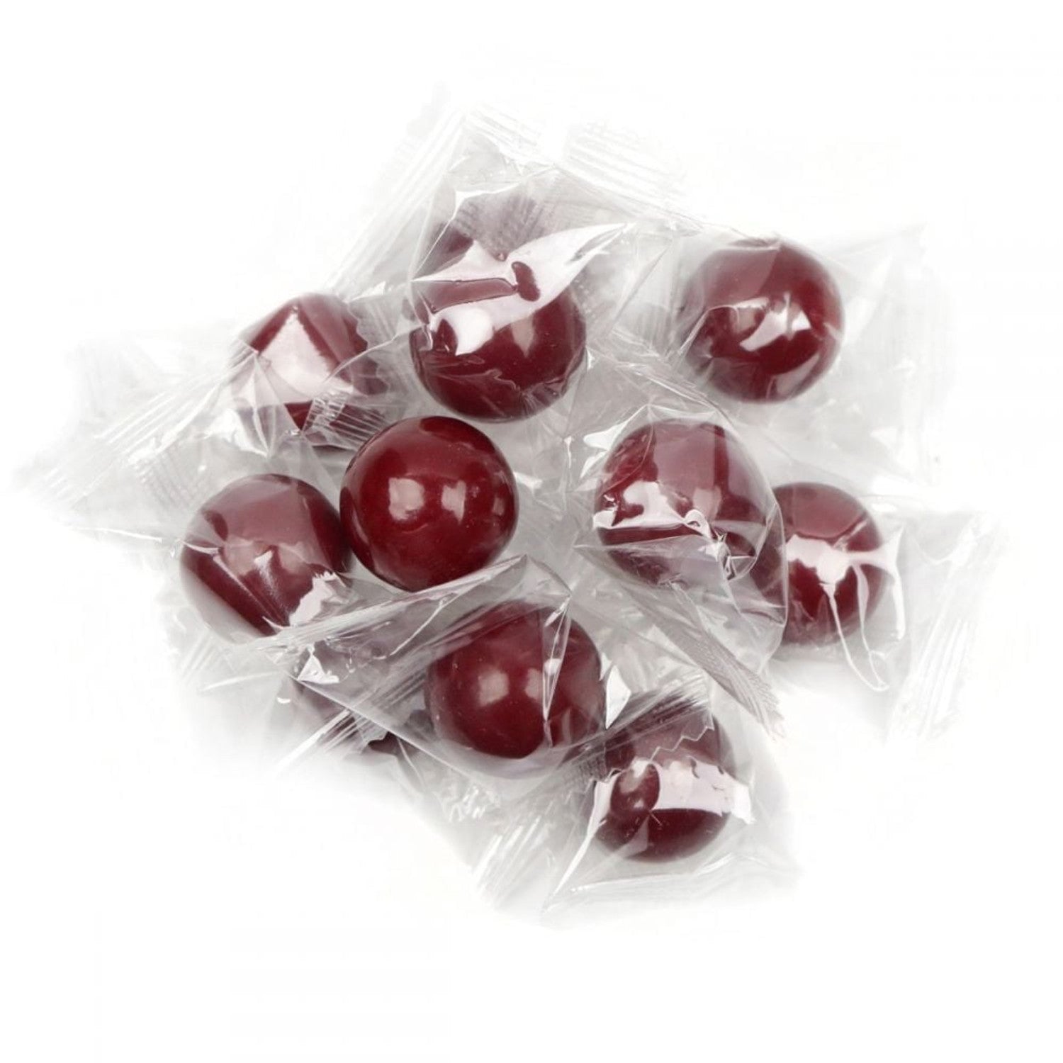 Red cinnamon jawbreaker candies in clear plastic packaging on a white background.