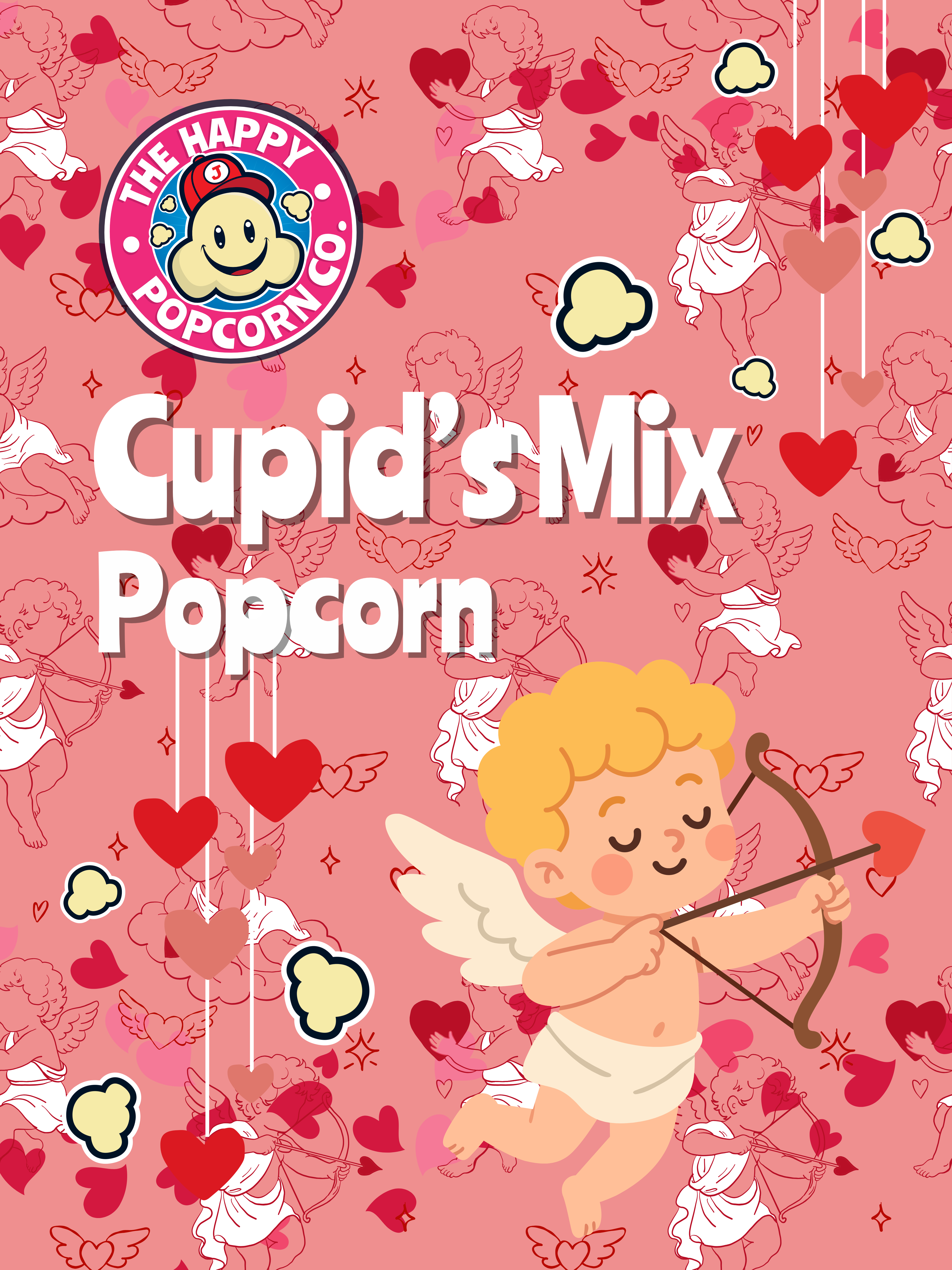 Cupid-themed product packaging with The Happy Popcorn Co. logo and an illustrated cupid on a pink background.