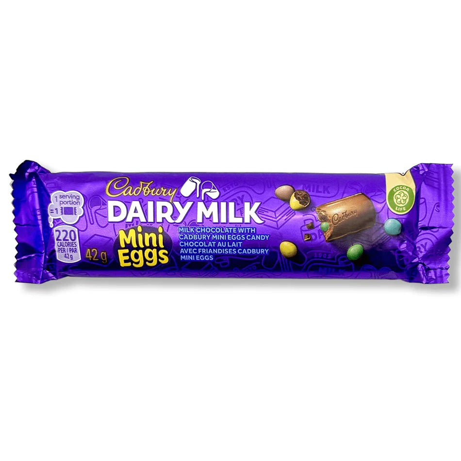 Cadbury Dairy Milk Mini Eggs chocolate bar packaging on a white background