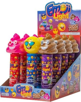 Display of Emoji Light toys with colorful packaging on a white background