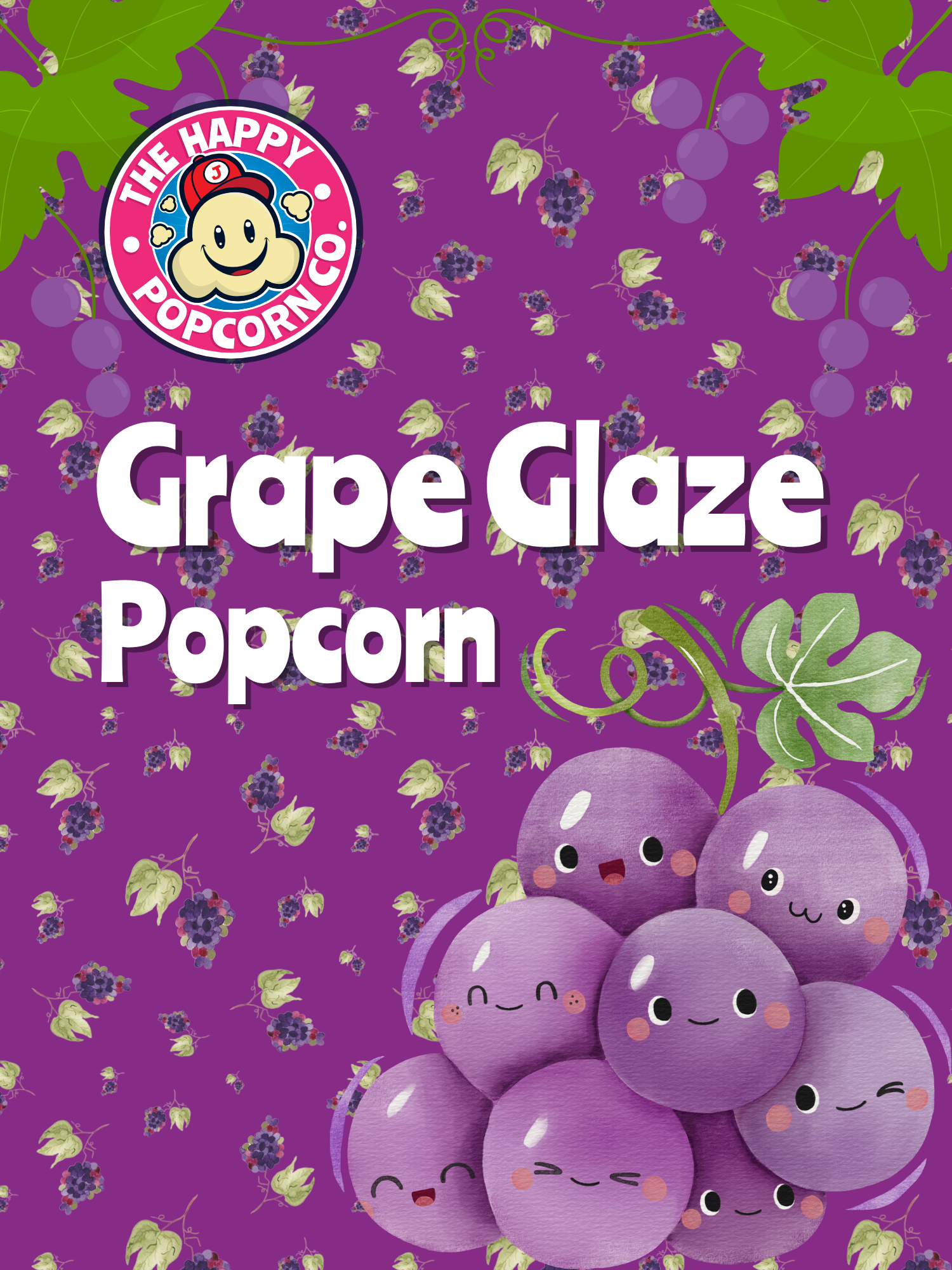Grape Glaze Popcorn packaging with cartoon grapes and Happy Popcorn Co logo on a purple background.