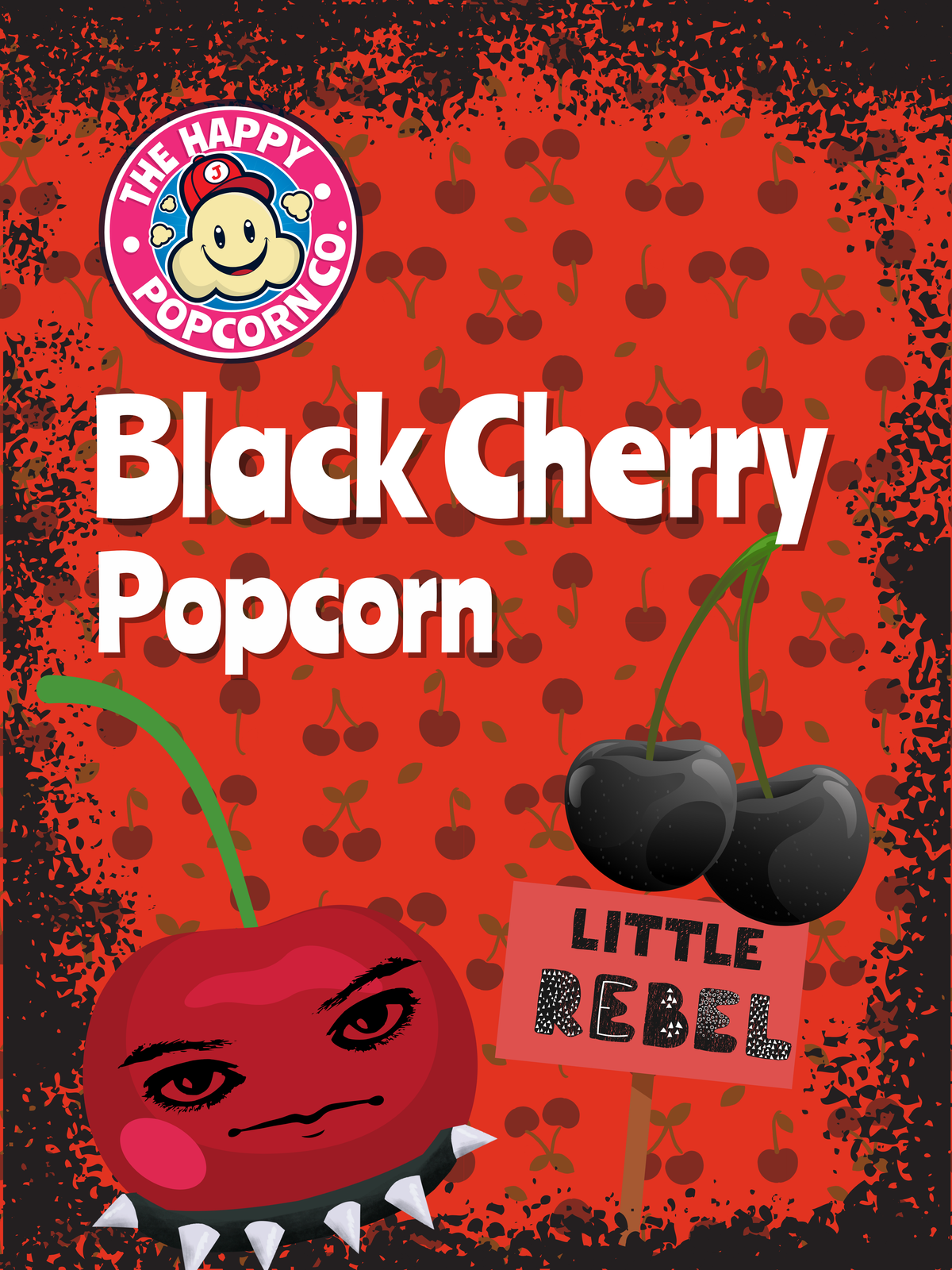 The Happy Popcorn Co. Black Cherry Popcorn packaging design, featuring a red background patterned with black cherries, a cartoon gothic cherry with a unimpressed face, and two real black cherries, and a sign that reads 'LITTLE REBEL'.