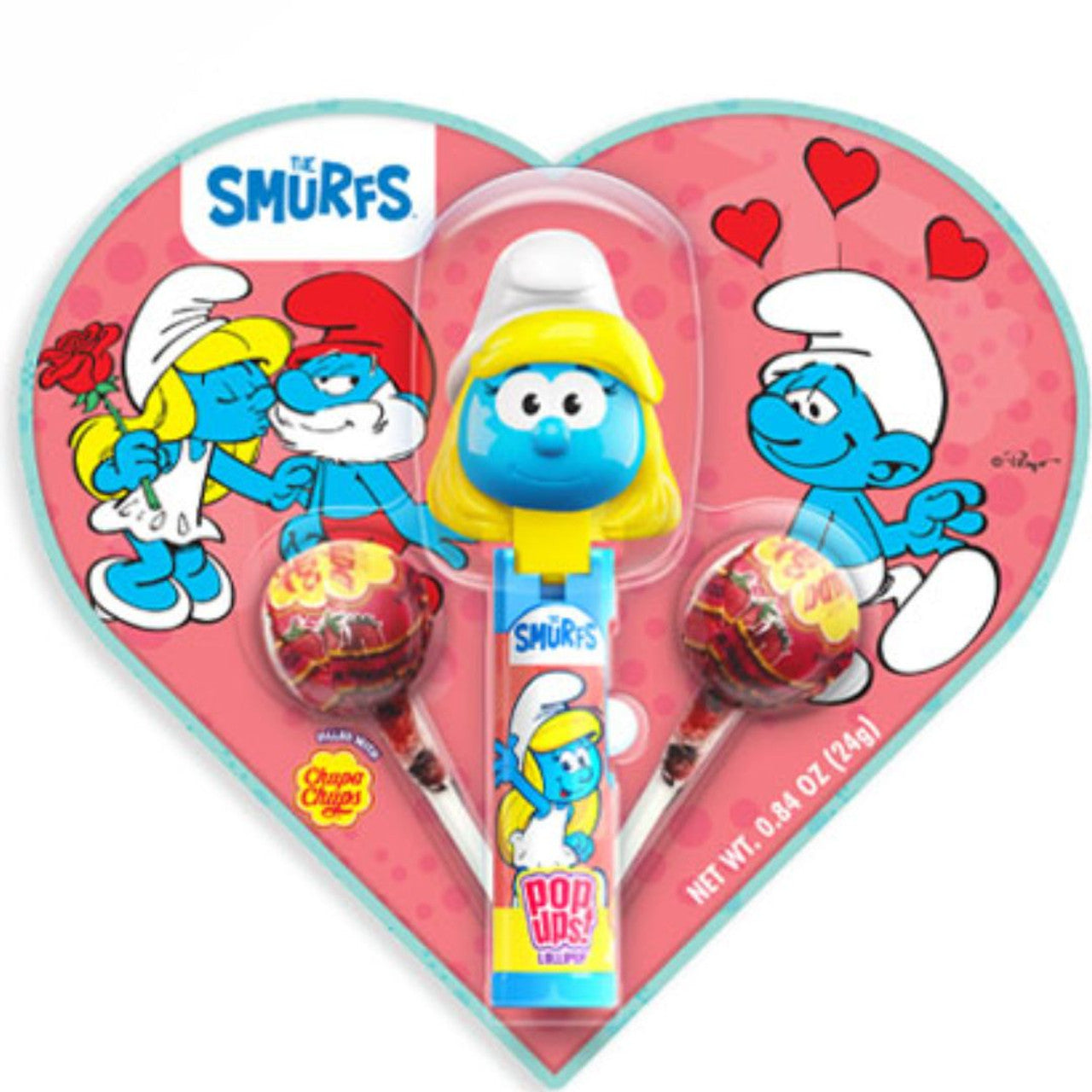 Smurfs-themed lollipop set with heart-shaped packaging