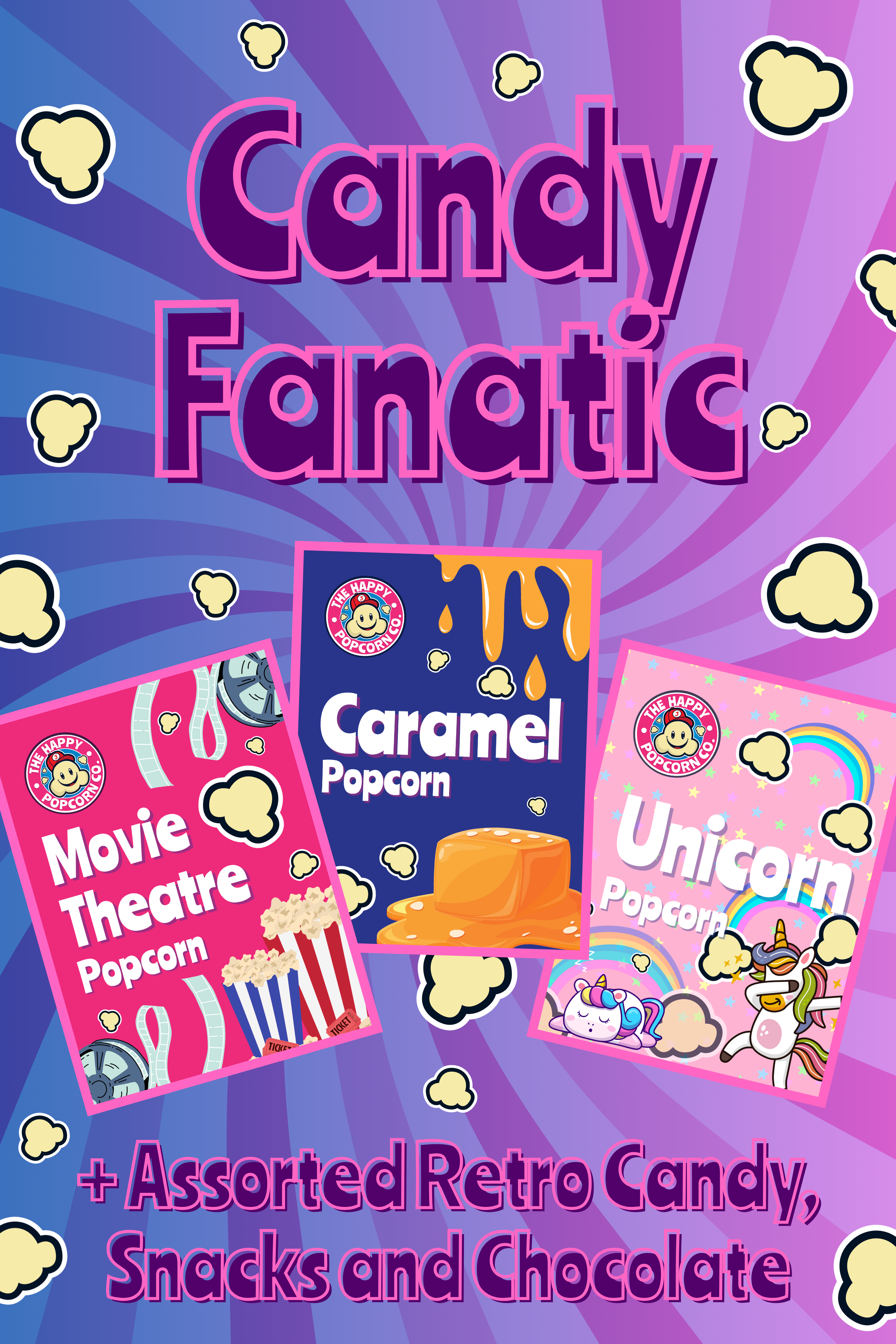 Promotional graphic for the 'Candy Fanatic' mystery box. With colourful packaging of popcorn and candy on a vibrant purple and blue background.