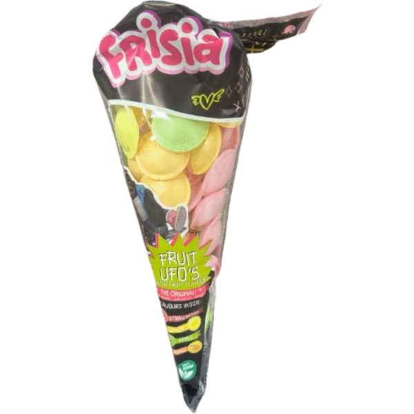 Frisia Fruit UFO's candy cone packaging on a white background