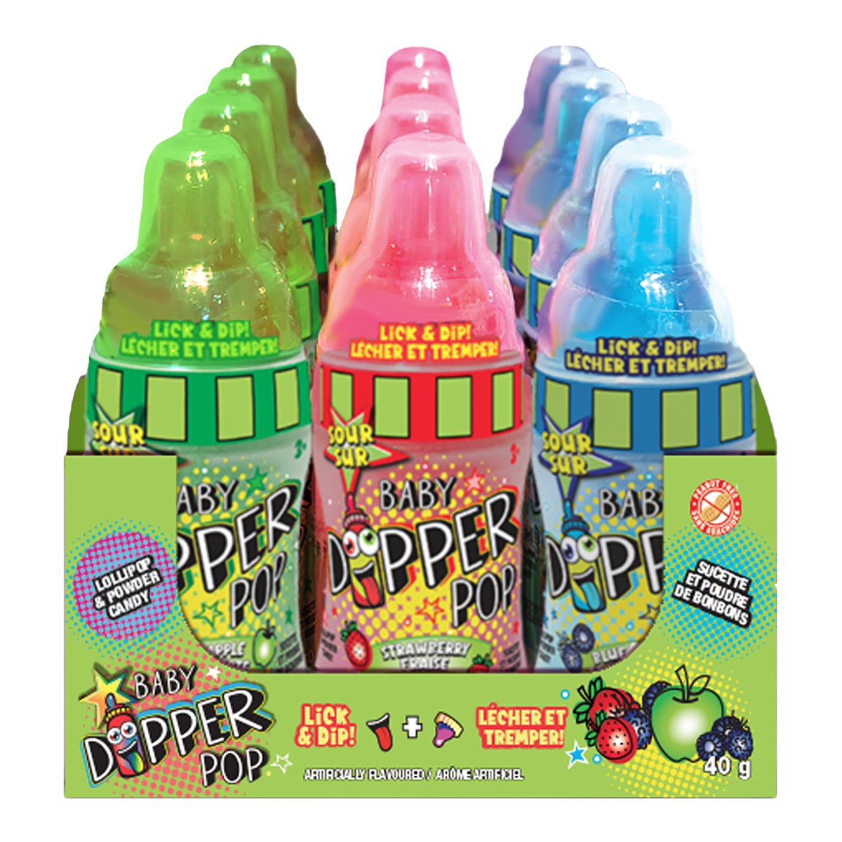 Colorful Baby Dipper Pop packaging with three bottles in green, pink, and blue.