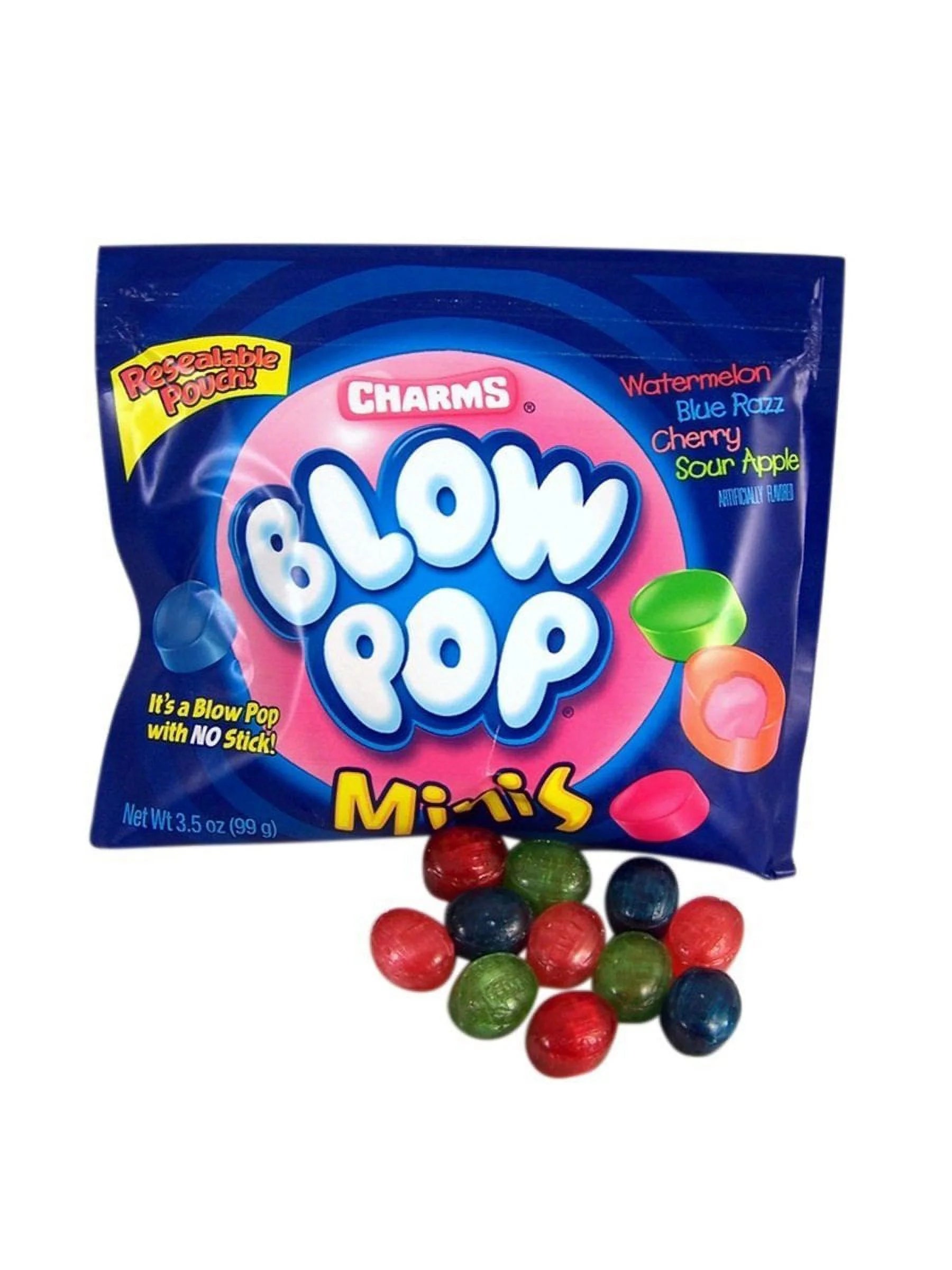 Bag of Charms Blow Pop Minis with colourful candies on the package, on a white background.