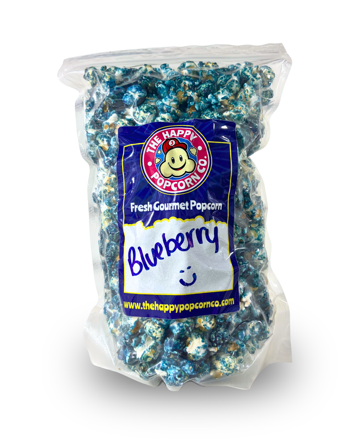 A clear plastic bag of blueberry popcorn with a blue and white label reading 'The Happy Popcorn Co. Fresh Gourmet Popcorn Blueberry' on a white background.