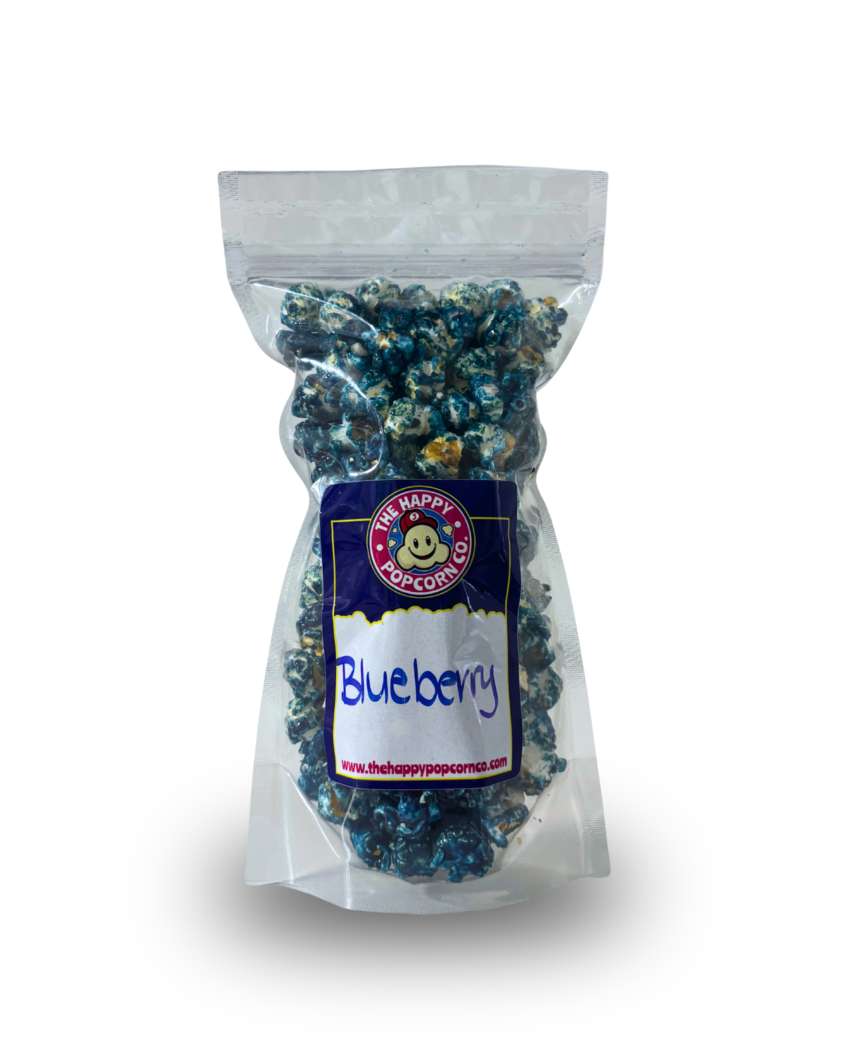 A clear plastic bag of blueberry-flavoured popcorn with a blue and white label reading 'The Happy Popcorn Co' and 'Blueberry' on a white background.