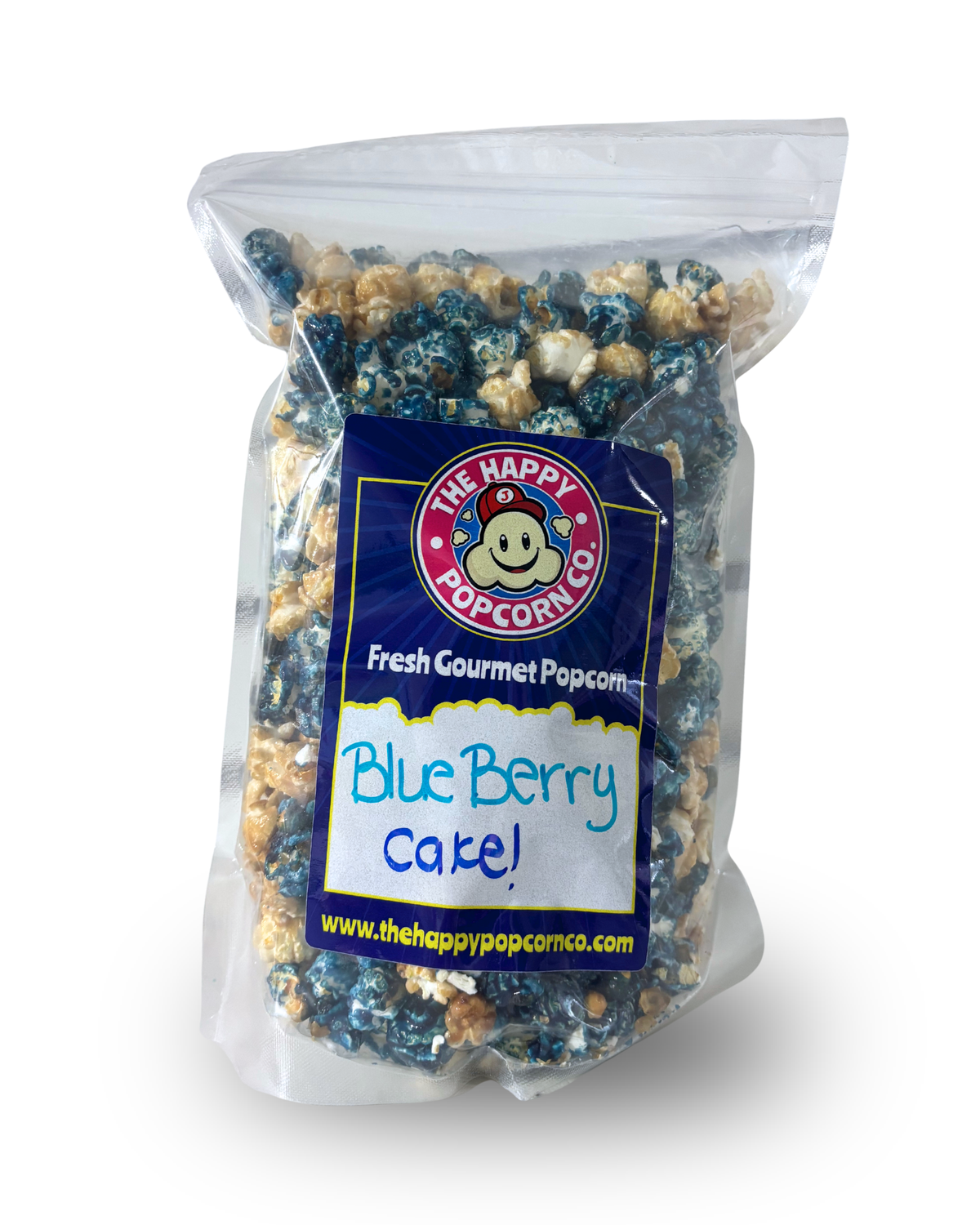 A clear plastic bag of gourmet blueberry cake popcorn showing blue and tan candied popcorn kernels with a blue and white label reading 'Blue Berry Cake' and the brand 'The Happy Popcorn Co.' on a white background.
