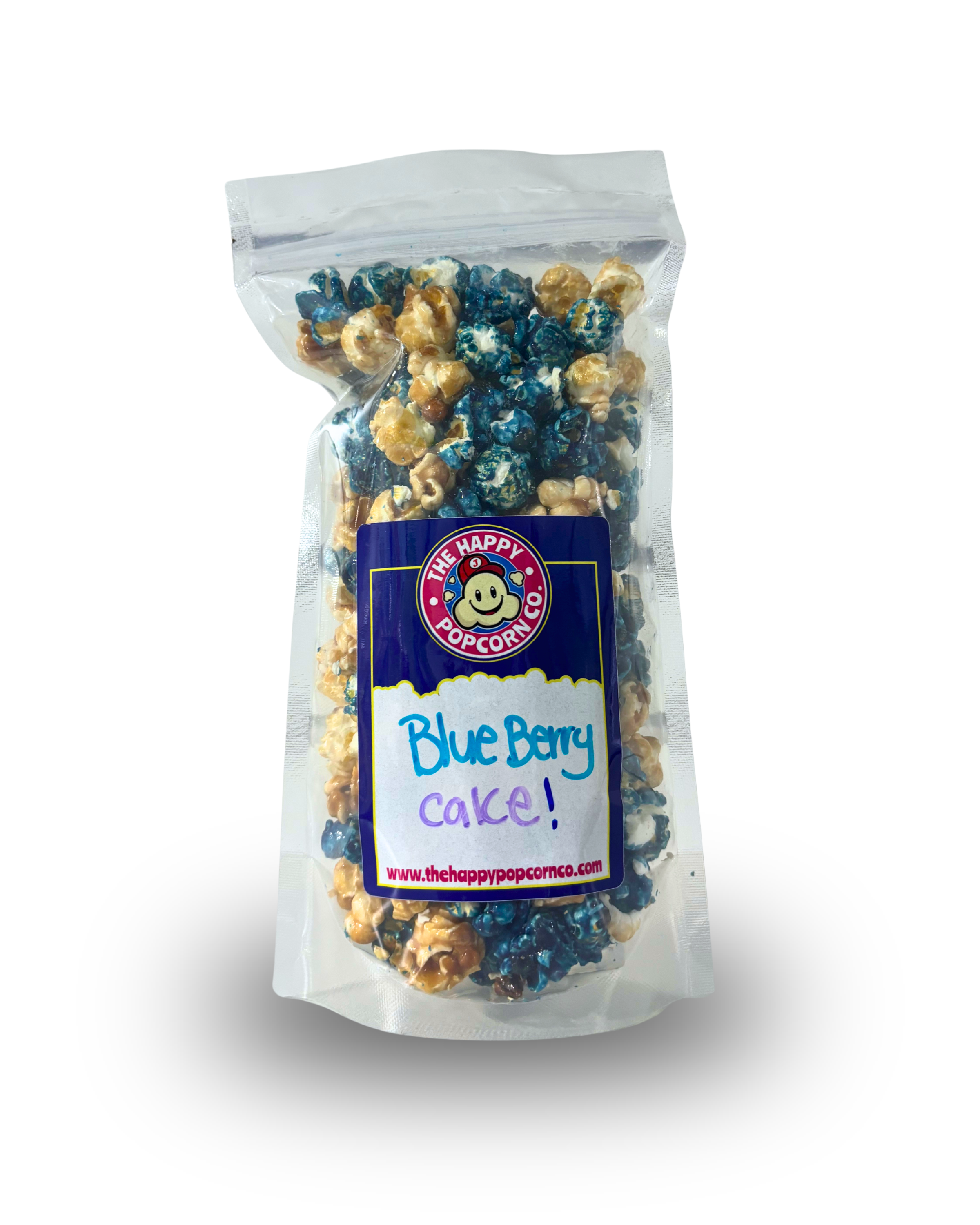 A clear stand-up pouch of The Happy Popcorn Co. Blue Berry Cake popcorn, showing blue and tan popcorn kernels inside with a blue and white label on a white background.