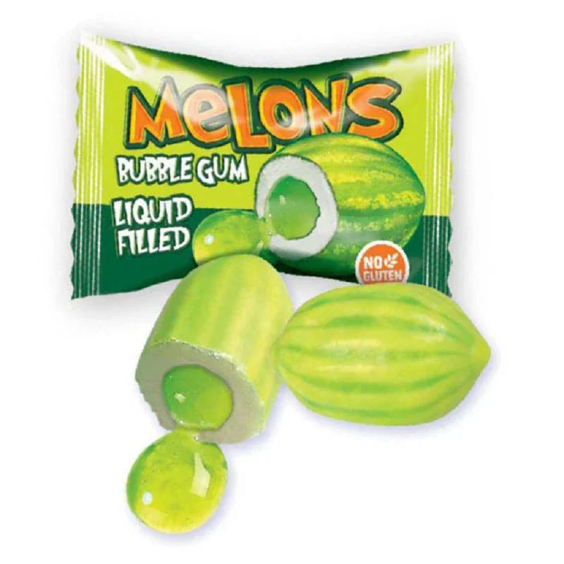 Packaged bubble gum shaped like watermelons with a visible brand name on a white background.