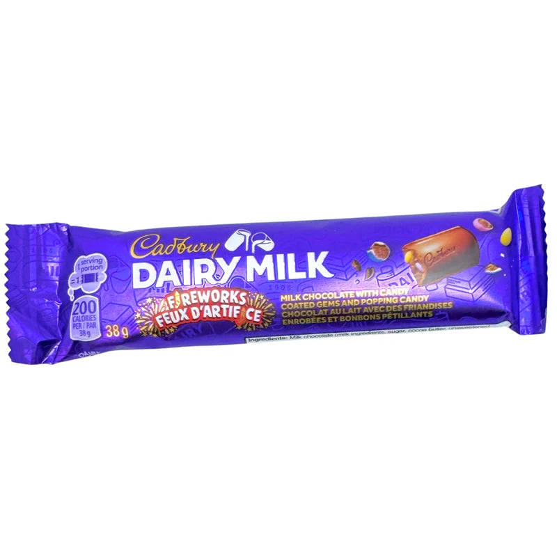 Cadbury Dairy Milk Mini Eggs Fireworks chocolate bar packaging on a white background. 
