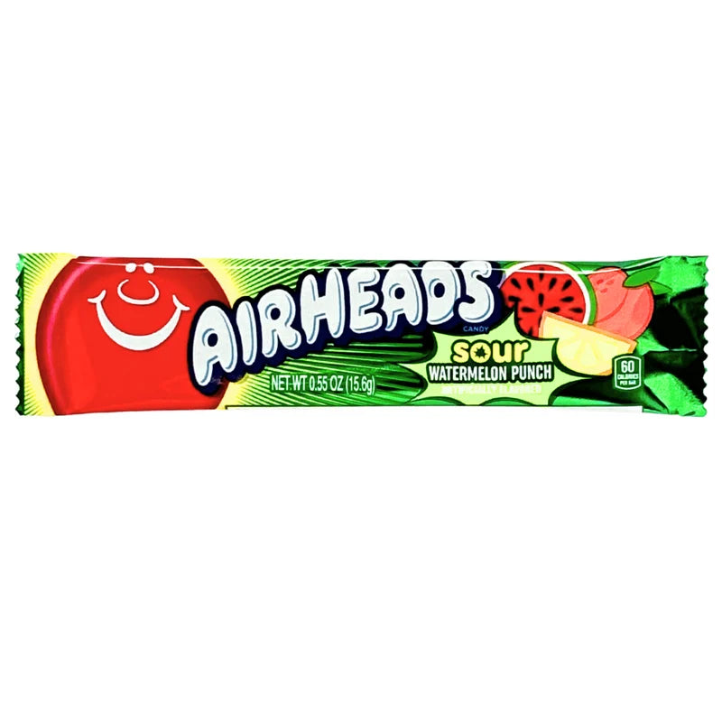 Airheads Sour Watermelon Punch taffy bar on a white background.