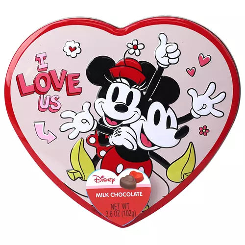 Heart-shaped chocolate tin with micky and minnie mouse on the front, as well as  'I Love Us' text on a white background.