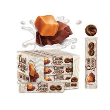 Creme Savers candy packaging and a single candy on a white background