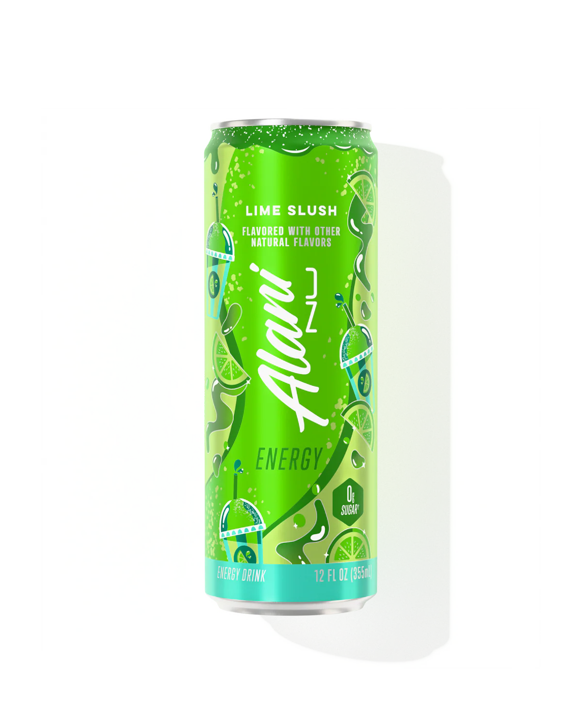 Green energy drink can with lime slush flavor on a white background