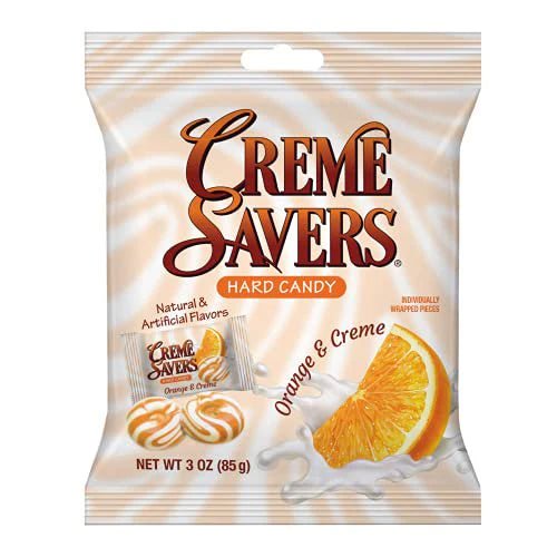 Creme Savers hard candy package in orange and creme flavour.
